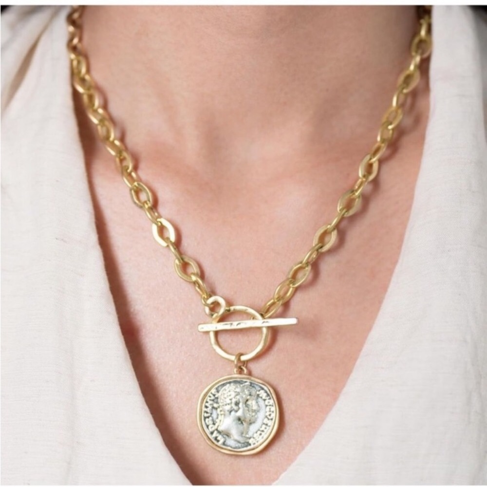 NEW 14k Gold Plated Vintage Matte Color Thick Link Chain Coin Pendant Necklace